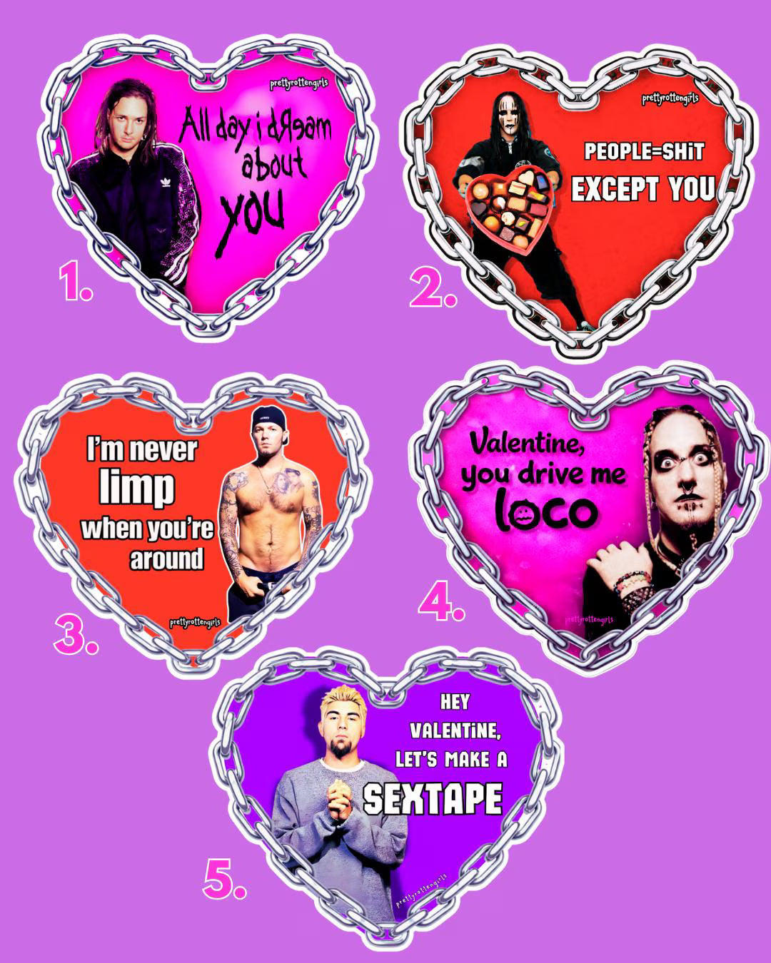 Nu Metal Valentine Stickers - Korn, Slipknot, Limp Bizkit, Coal Chamber, Deftones